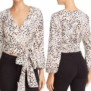 J.O.A. Cropped Leopard Print Wrap Crop Top Large Animal Print Long Puffed Sleeve